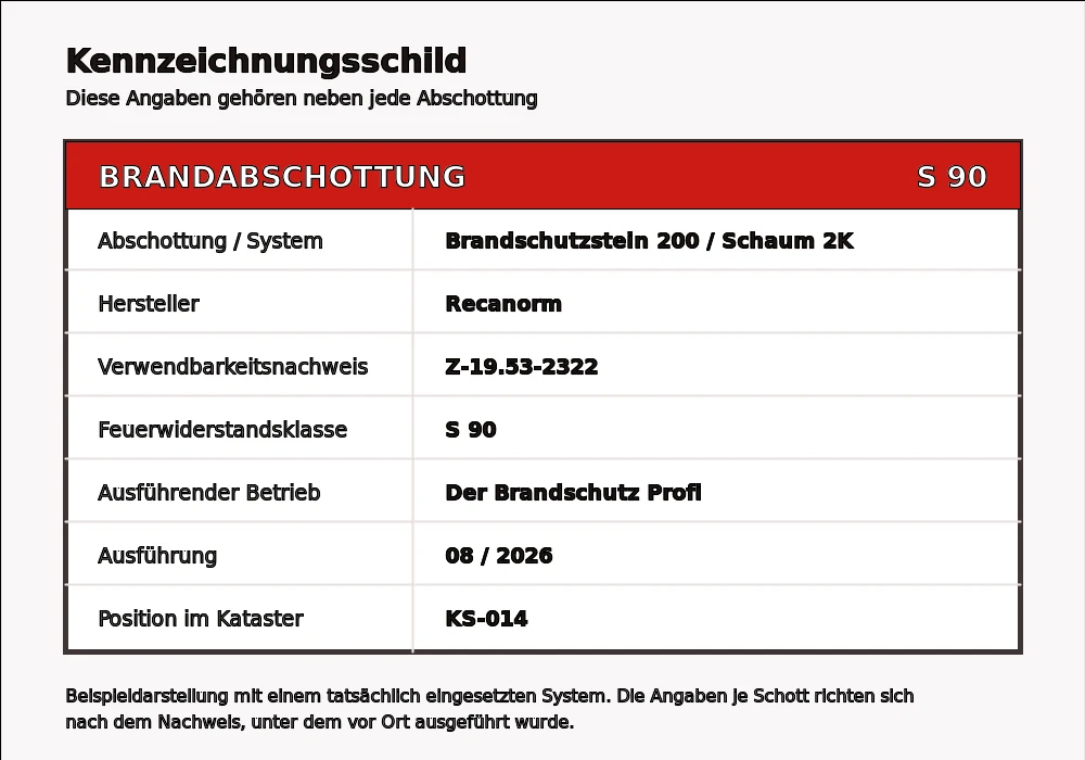 Beispiel eines Kennzeichnungsschilds für eine Brandabschottung mit System, Zulassungsnummer, Feuerwiderstandsklasse, ausführendem Betrieb und Ausführungsdatum