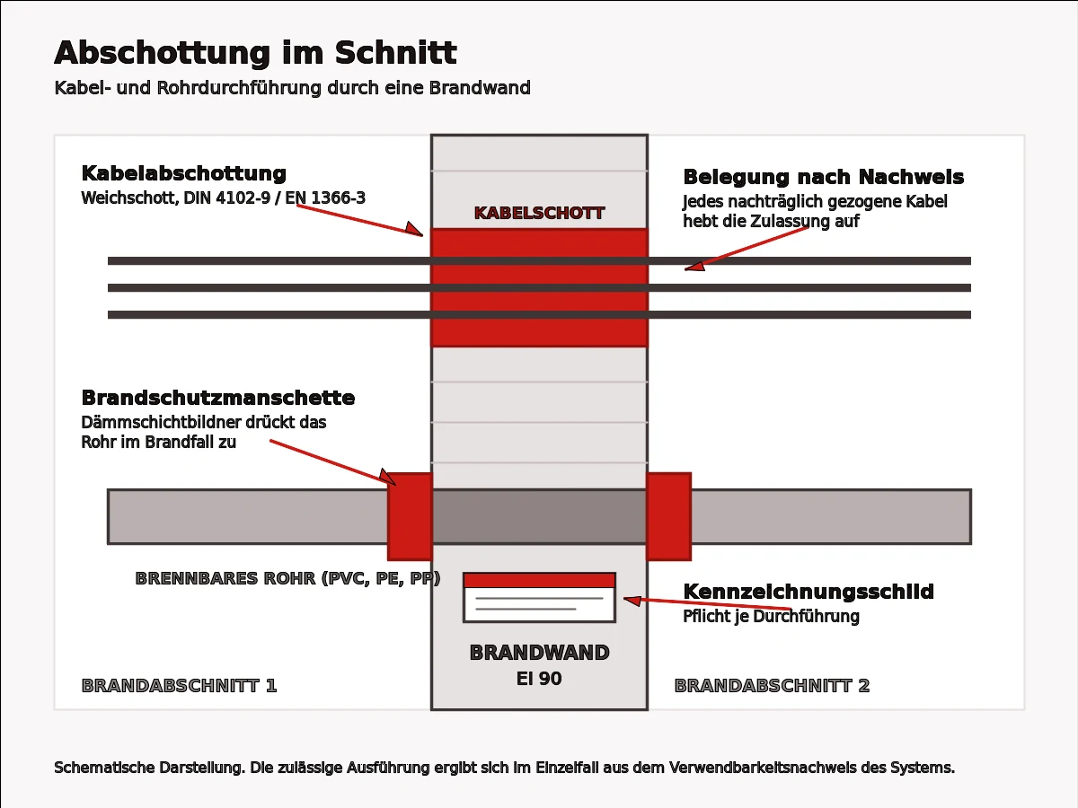 Schnitt durch eine Brandwand: Kabelschott, Rohrabschottung mit Brandschutzmanschette und Kennzeichnungsschild