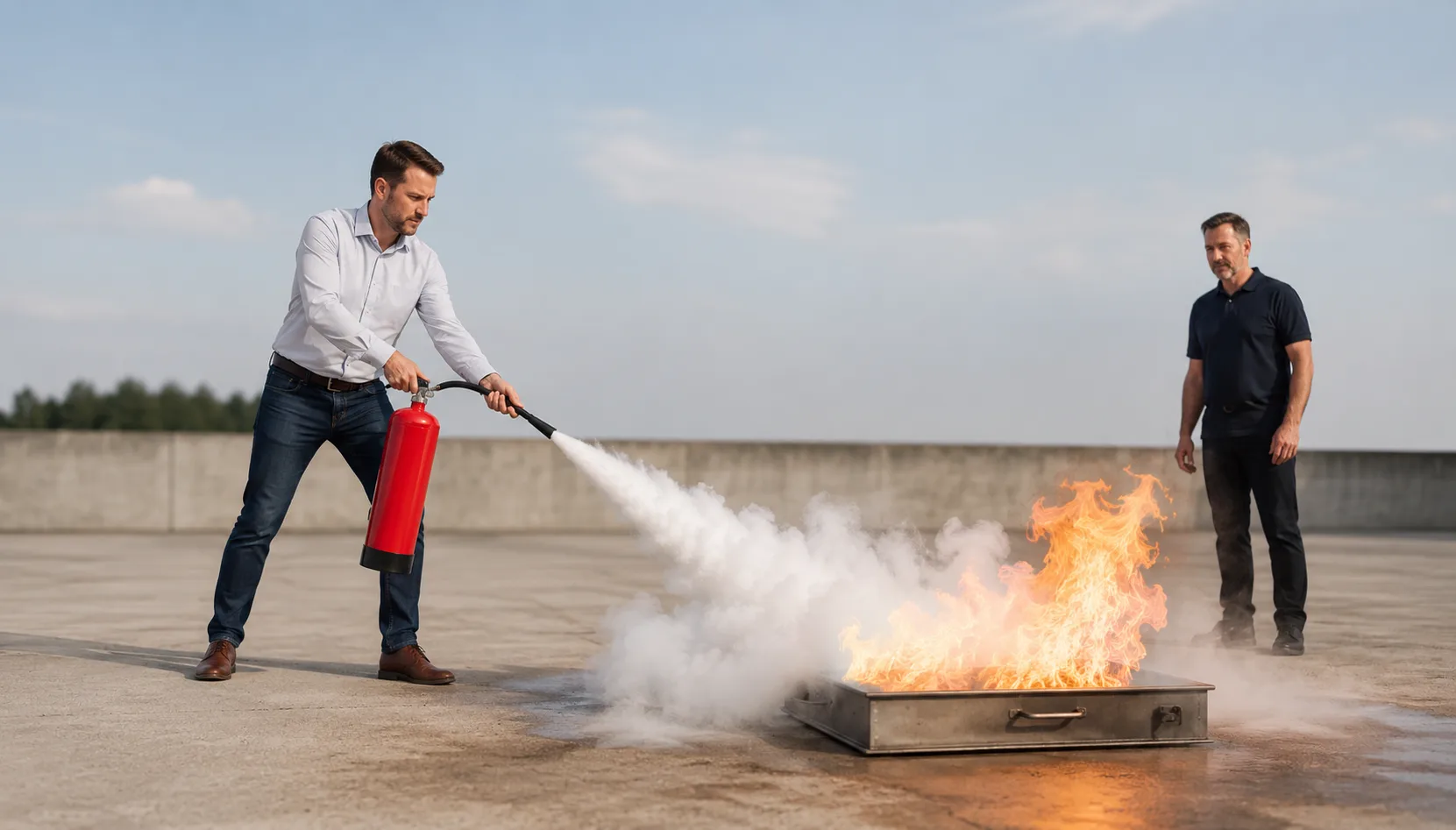 Praktische Löschübung: Teilnehmer löscht echtes Feuer mit einem ABC-Pulverlöscher unter Aufsicht des Trainers