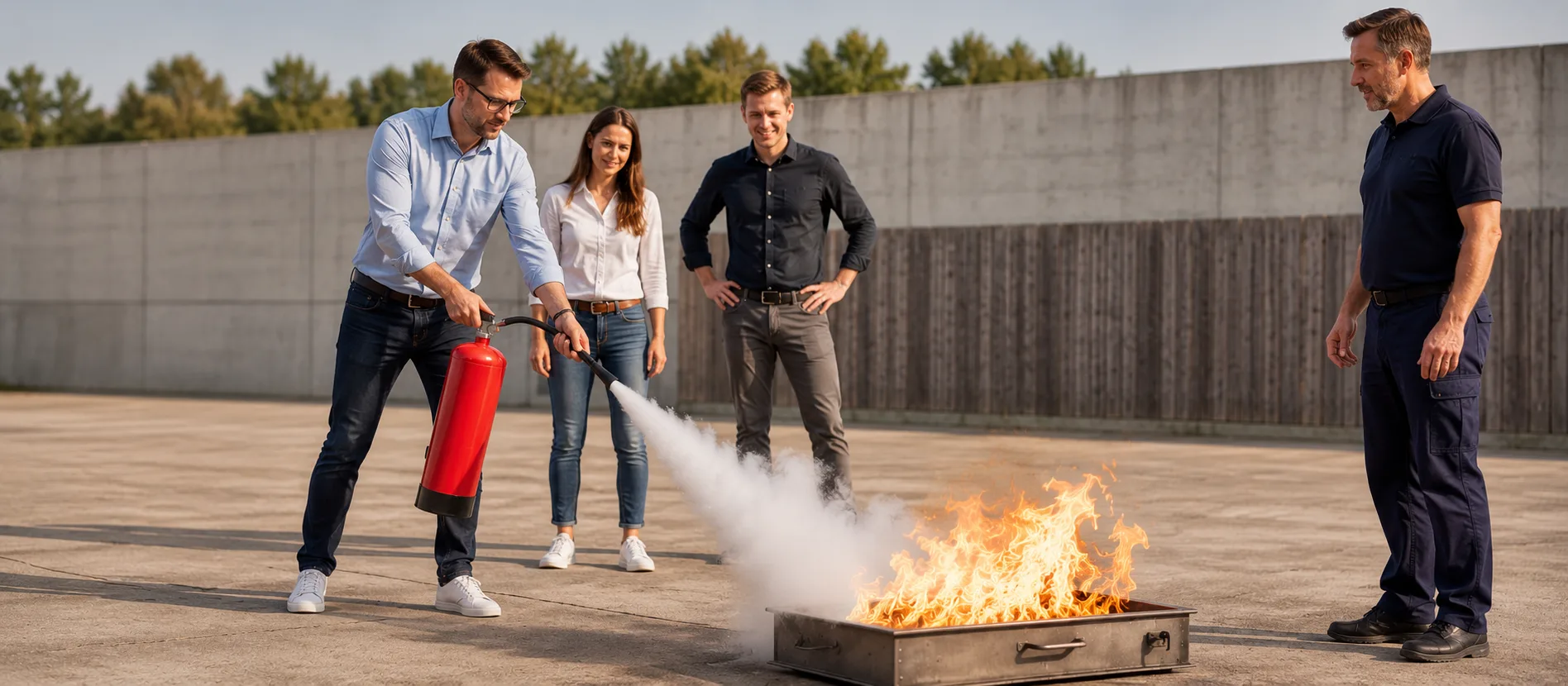 Praktische Löschübung: Mitarbeiter beim Feuerlöscheinsatz am Brandtopf