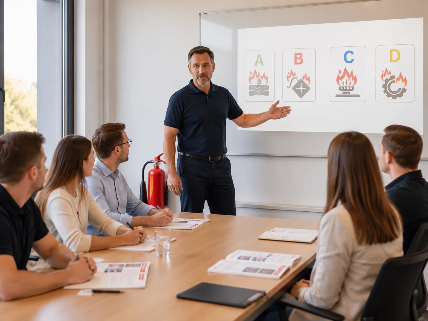 Schulungsgruppe beim Theorieteil der Brandschutzhelfer-Ausbildung im Meetingraum