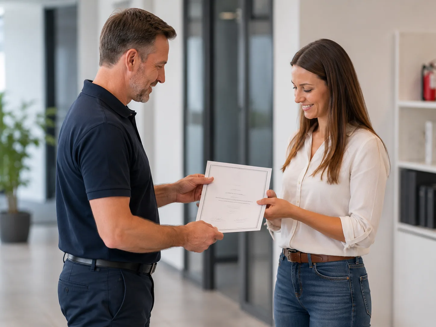 Trainer übergibt Teilnahmezertifikat nach erfolgreicher Brandschutzhelfer-Ausbildung