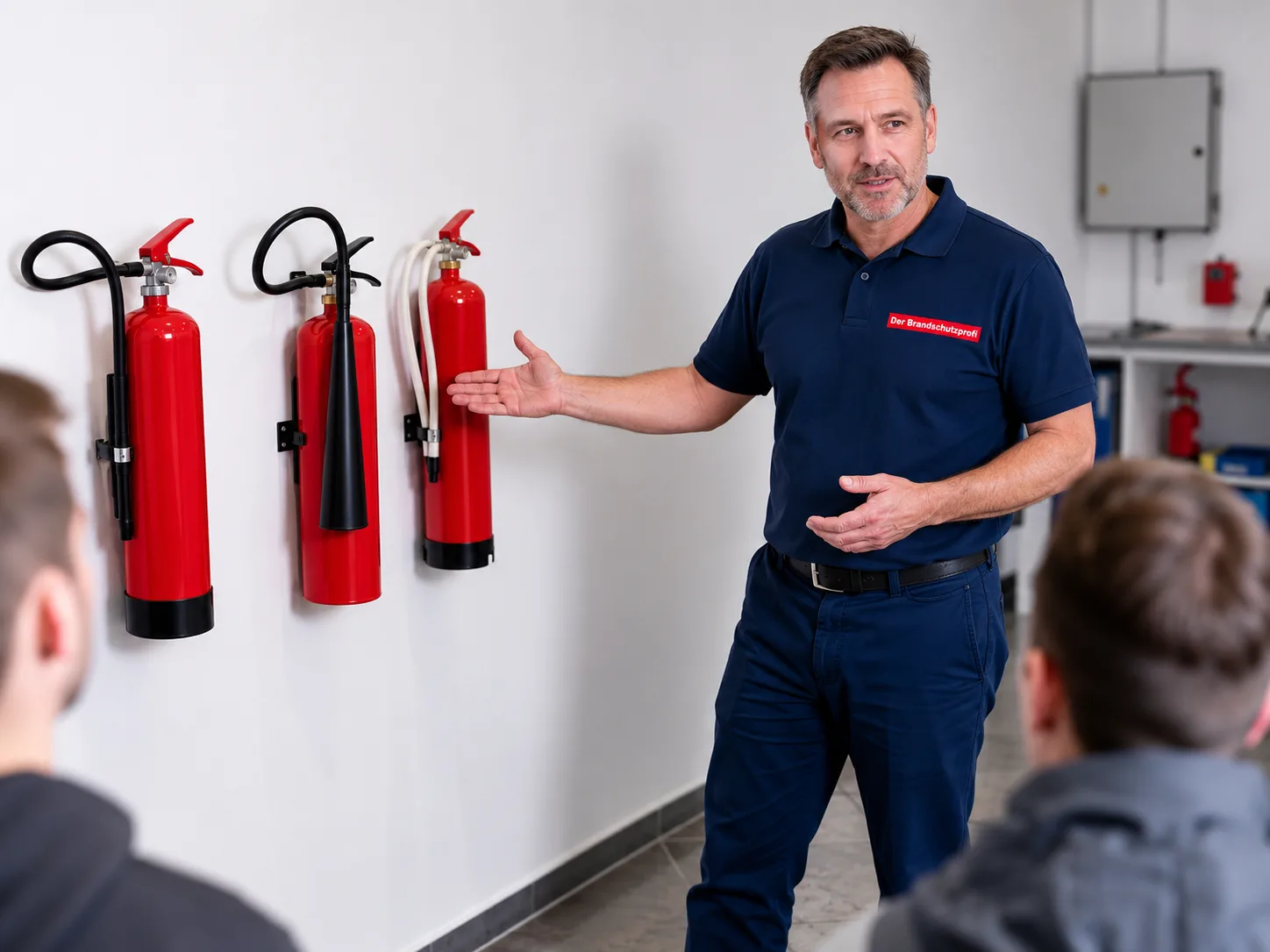 Brandschutzhelfer-Ausbildung: Trainer erklärt verschiedene Feuerlöscher-Typen
