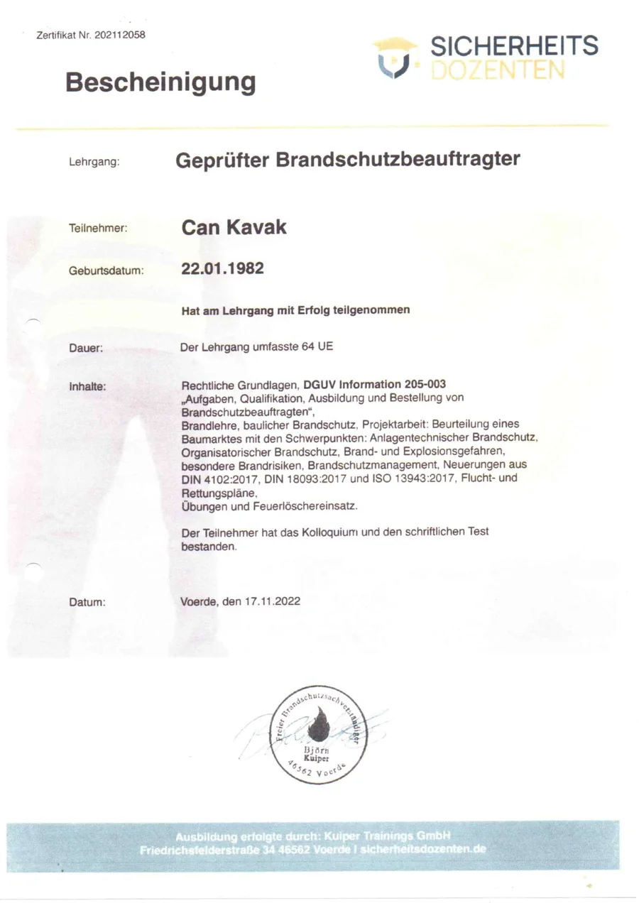 Bescheinigung Geprüfter Brandschutzbeauftragter Can Kavak – Sicherheitsdozenten, DIN 4102, ISO 15943