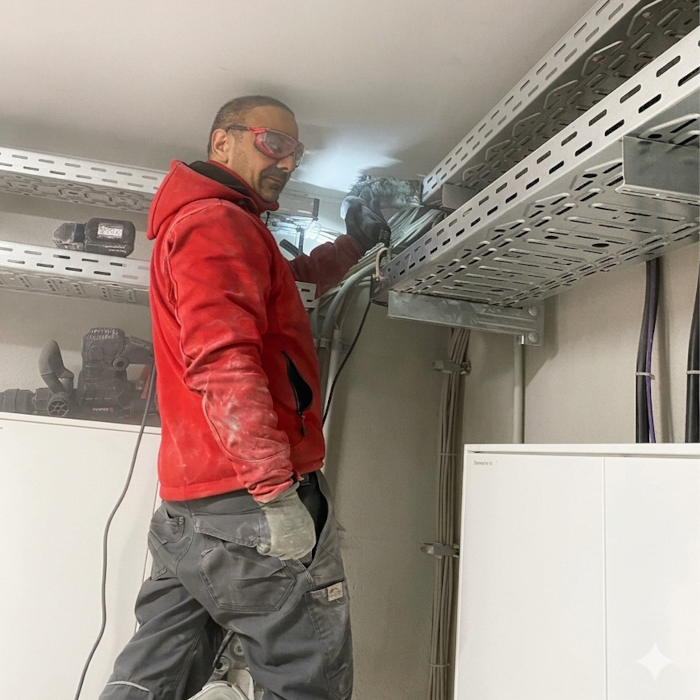Can Kavak bei der Deckenmontage einer Brandmeldeanlage in einem Gewerbeobjekt