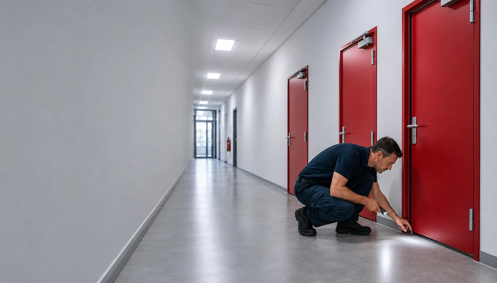 Brandschutztür-Inspektion: Fachkraft kontrolliert Türschließer und Dichtungsstreifen an einer roten T90-Stahltür