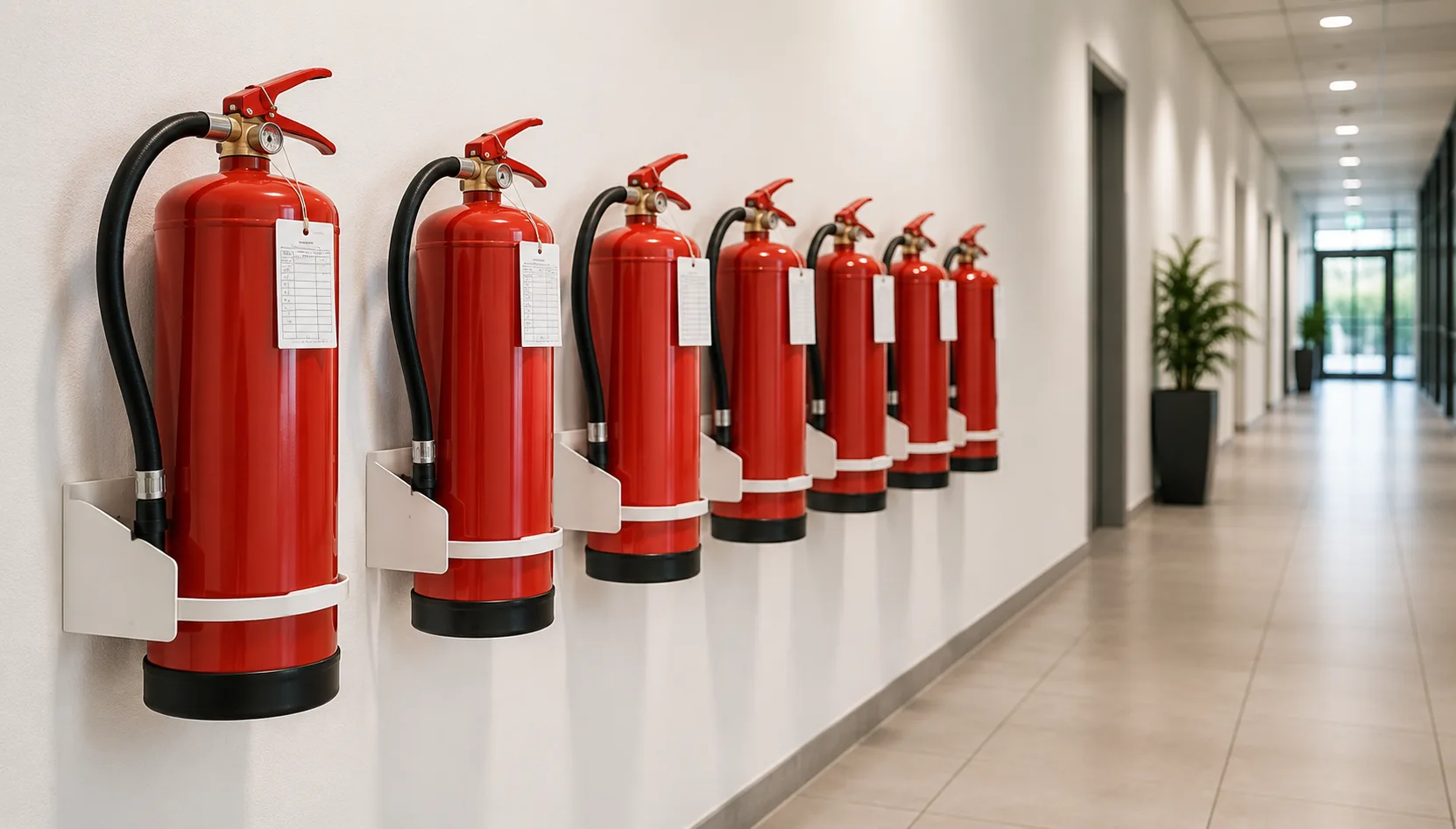 Reihe roter Feuerlöscher an einer Wand – bereit für die jährliche Prüfung nach DIN 14406