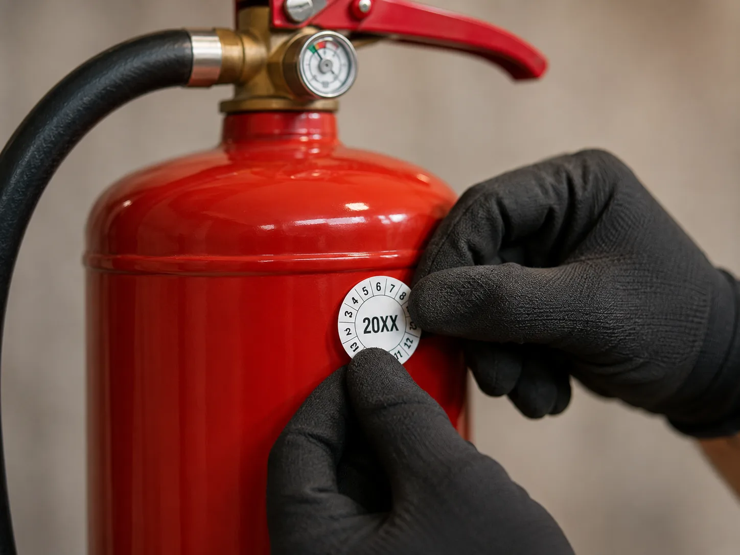 Nahaufnahme: Neue Prüfplakette wird auf Feuerlöscher angebracht