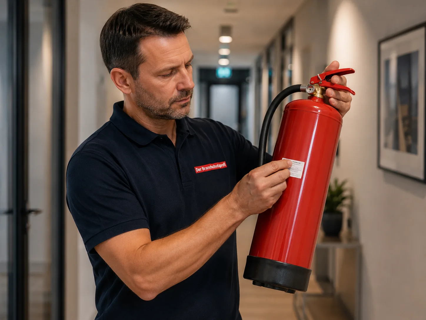 Fachkraft prüft Feuerlöscher: Inspektion von Druckbehälter und Prüfplakette