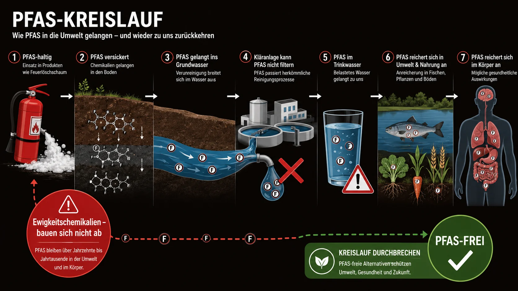 Infografik: PFAS-Kreislauf in der Umwelt – von Feuerlöscher über Boden und Grundwasser bis in die Nahrungskette