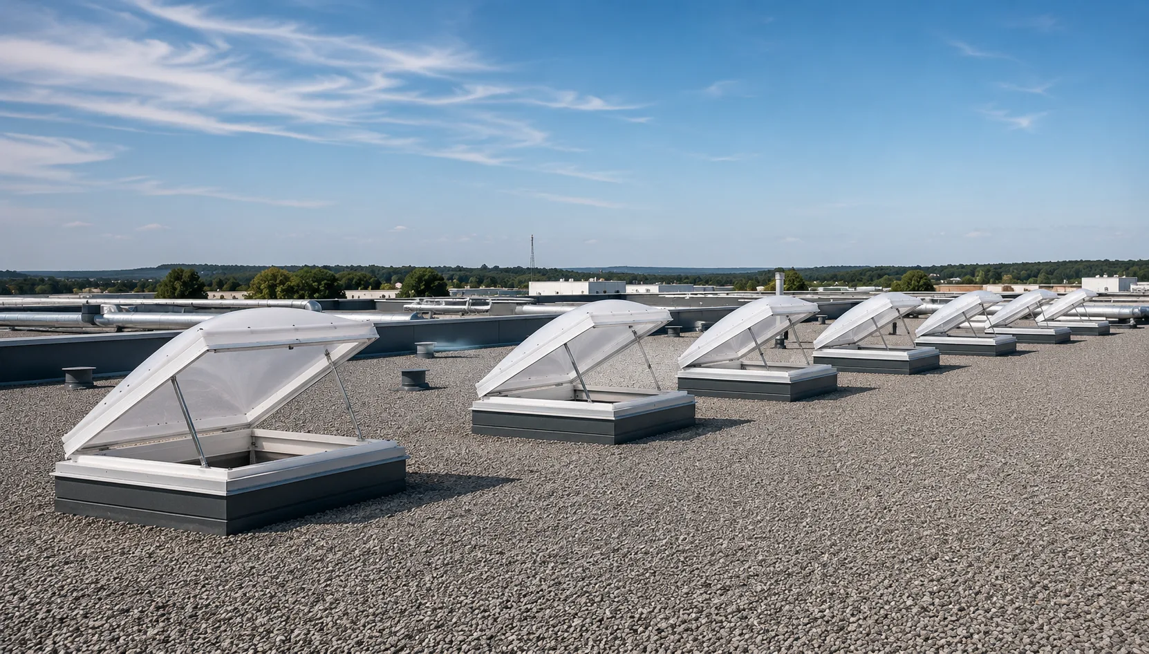 Rauchabzugsklappen auf einem Flachdach: geöffnete NRA-Lichtkuppeln eines Industriegebäudes