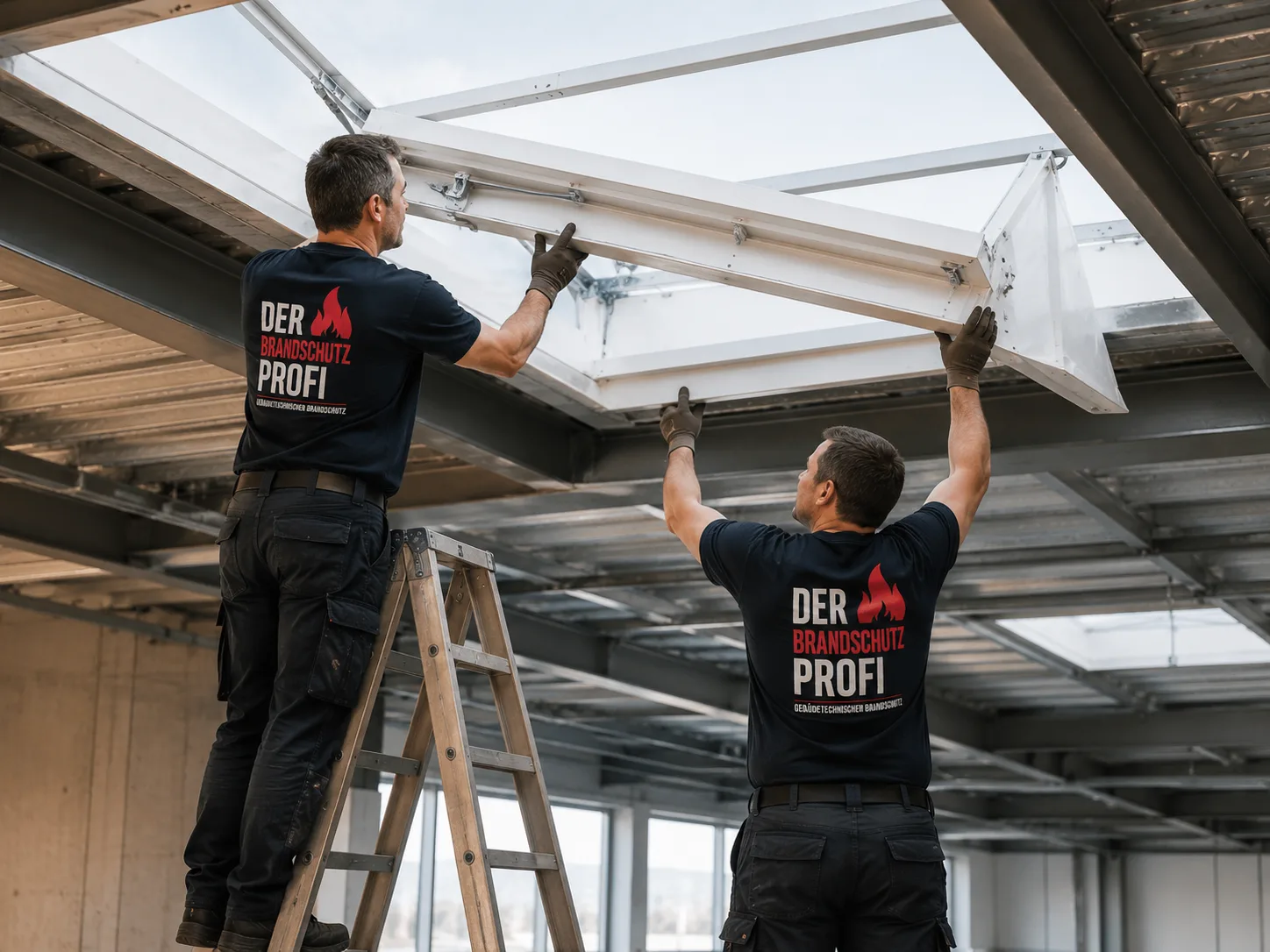 Installation einer RWA-Anlage: Monteur befestigt RWA-Klappe in der Dachhaut eines Industriegebäudes