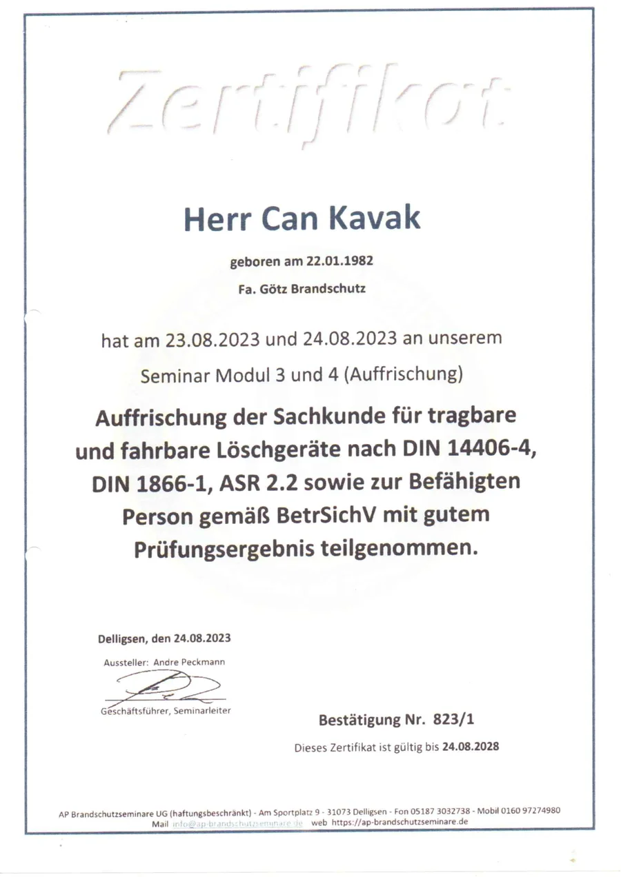 Zertifikat Sachkunde tragbare und fahrbare Löschgeräte DIN 14406-4 DIN 1866-1 BetrSichV Can Kavak