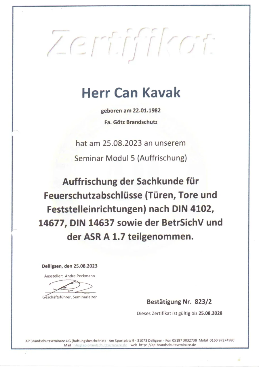 Zertifikat Sachkunde Feuerschutzabschlüsse Türen Tore Feststelleinrichtungen DIN 4102 DIN 14637 Can Kavak