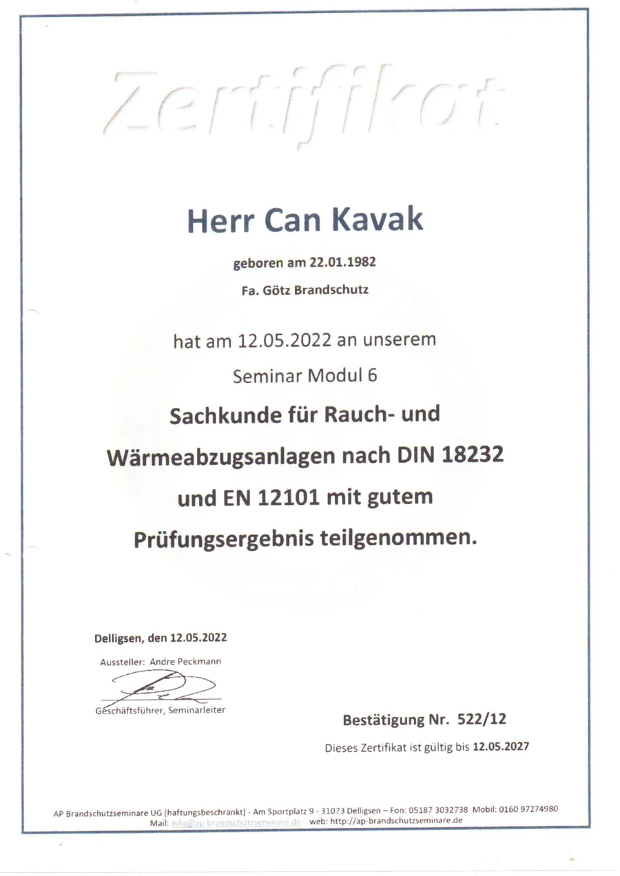 Zertifikat Sachkunde Rauch- und Wärmeabzugsanlagen RWA DIN 18232 EN 12101 Can Kavak