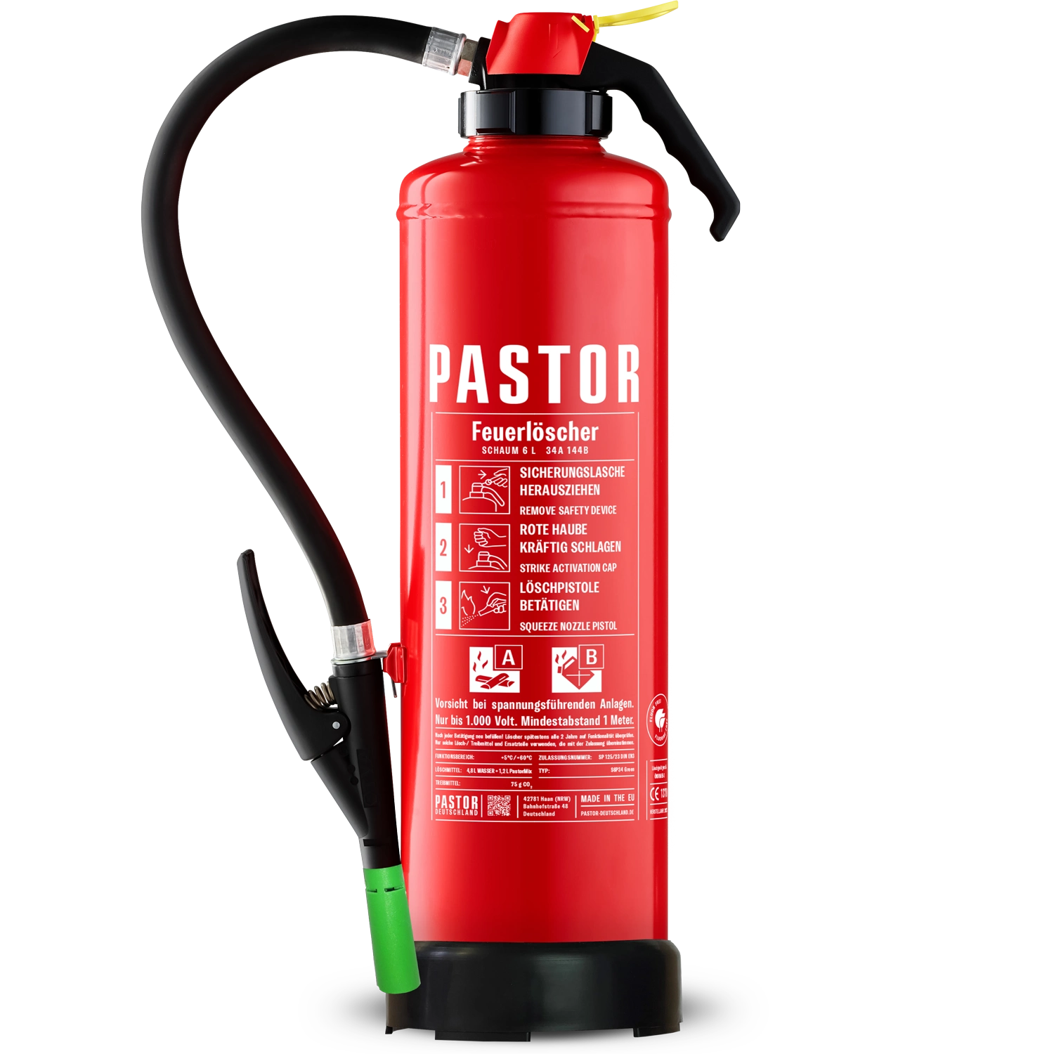 S6P34 GREEN Auflade-Schaum-Feuerlöscher von Pastor Deutschland – Fluorfrei und umweltfreundlich für Brandklassen A und B